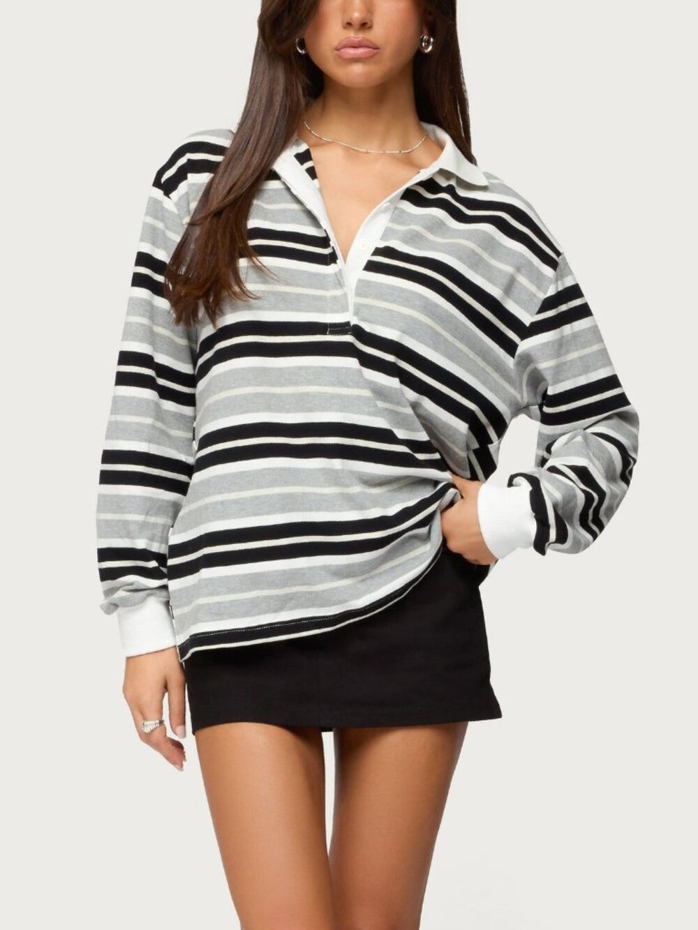 Edikted Oversized Black Gray Striped Polo Long Sleeve Shirt S